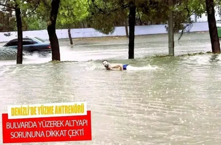 Denizli'de Yüzme Antrenörü Bulvarda Yüzerek Altyapı Sorununa Dikkat Çekti